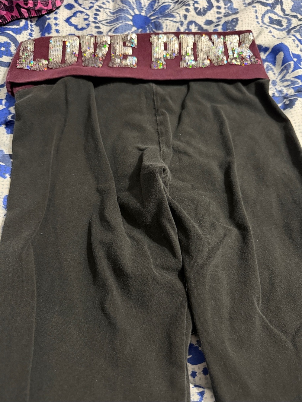 PINK Victoria's Secret Black Leggings with Maroon Fold-Over Waistband